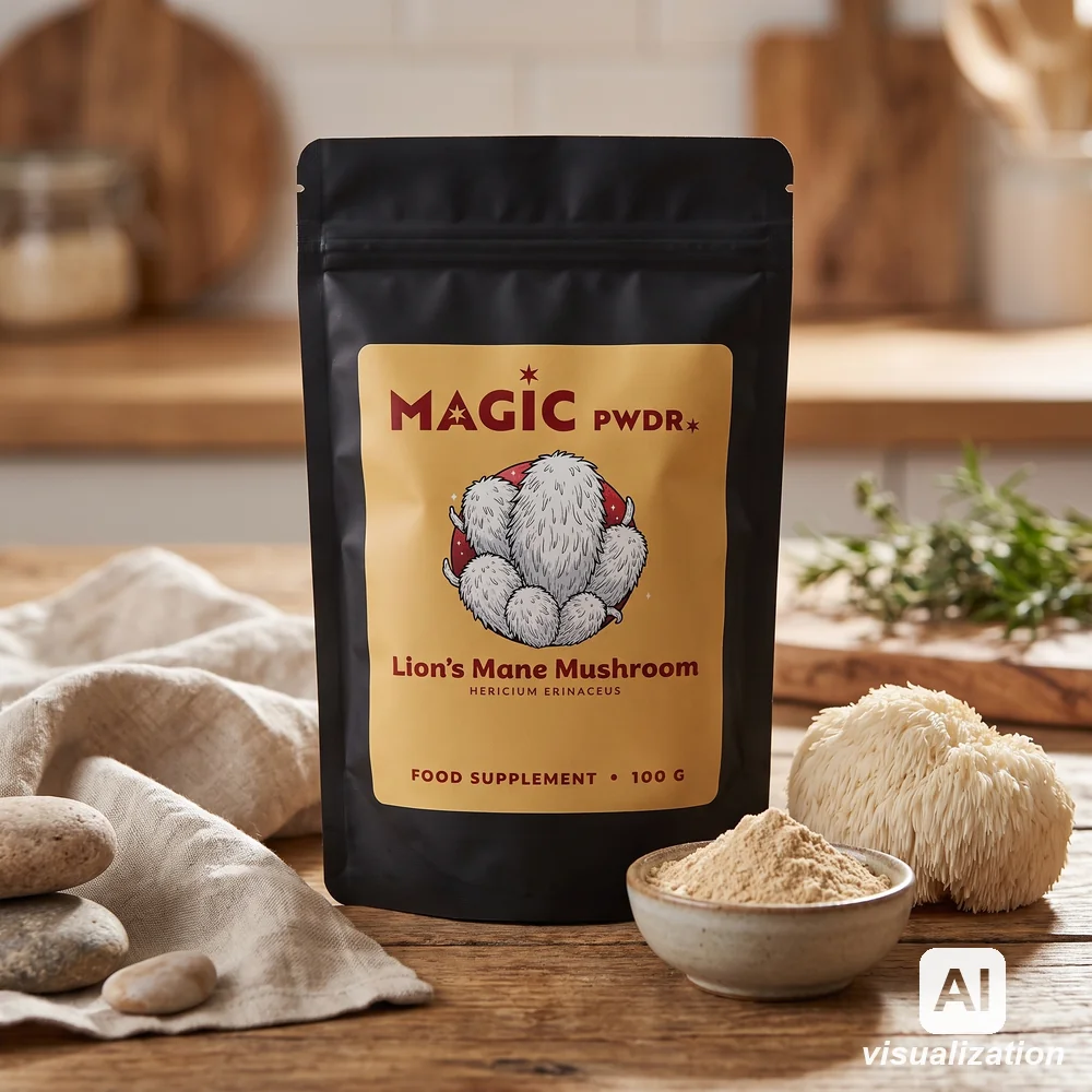 Lion’s mane extract powder from Magic Pwdr in a mystical setting