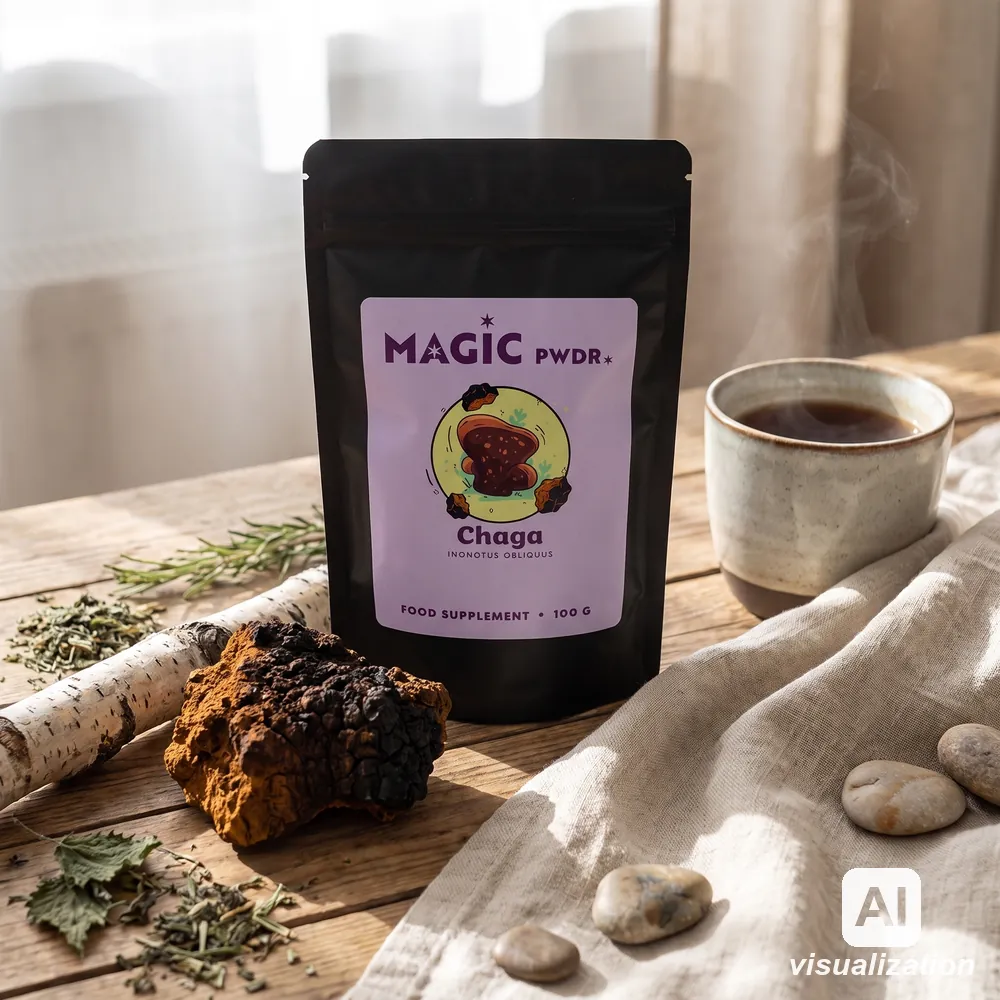 Chaga mushroom extract powder from Magic Pwdr spilling from a measuring spoon next to wooden elements