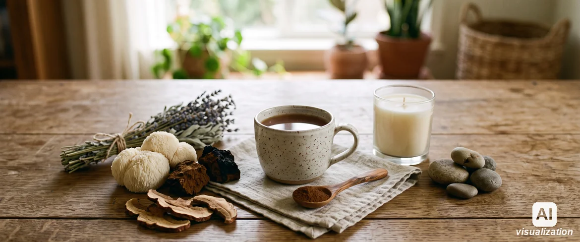 Powdered adaptogenic Magic Pwdr mushrooms – a wellbeing ritual on a wooden table.