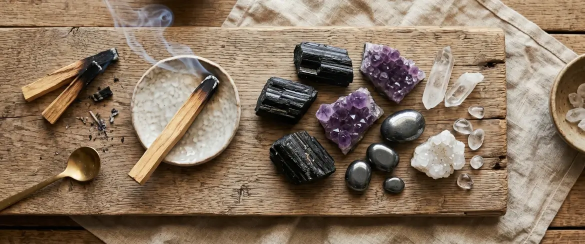 Surowe kamienie i minerały ułożone na drewnie obok dymiącego Palo Santo, w tym najmocniejsze kamienie ochronne o ciemnych barwach