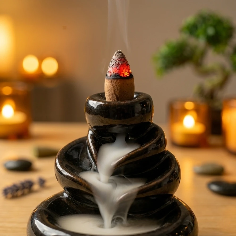 Żarzące się na czerwono kadzidełko stożkowe na kominku – instrukcja, kadzidełka stożkowe – jak używać