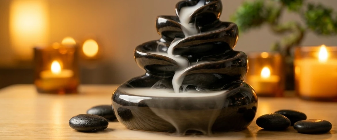 Kominek i kadzidło płynące – gęsty dym spływający po kaskadach – zjawiskowe kadzidła backflow w praktyce