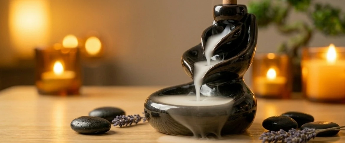 Wodospad kadzidło i ceramiczna podstawka na kadzidełka stożkowe ustawiona z dala od przeciągów