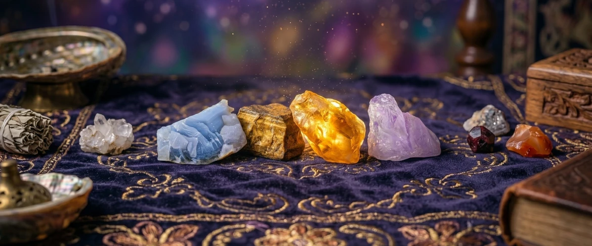 Surowe minerały na fioletowym materiale – idealny dla Bliźniąte kamień zodiakalny