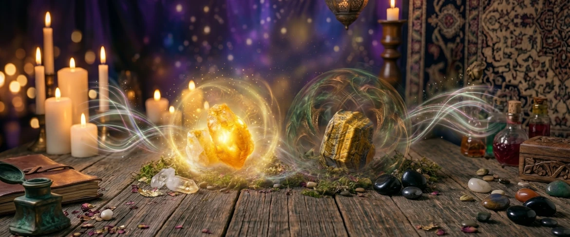 Świetlisty kamień szczęścia obok minerału pełniącego funkcję jako kamień ochronny dla Bliźniąt