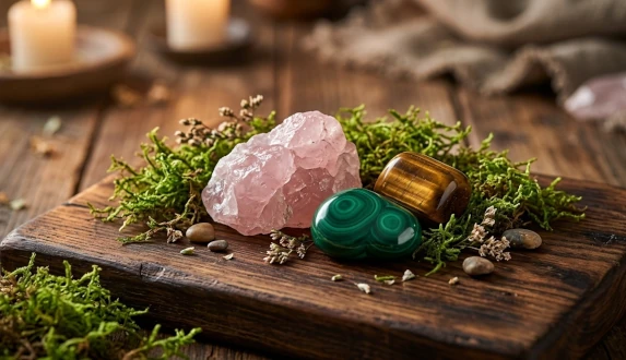 Jaki kamień dla Byka? Naturalne kamienie zodiakalne Byka – kwarc różowy, malachit i tygrysie oko na drewnie