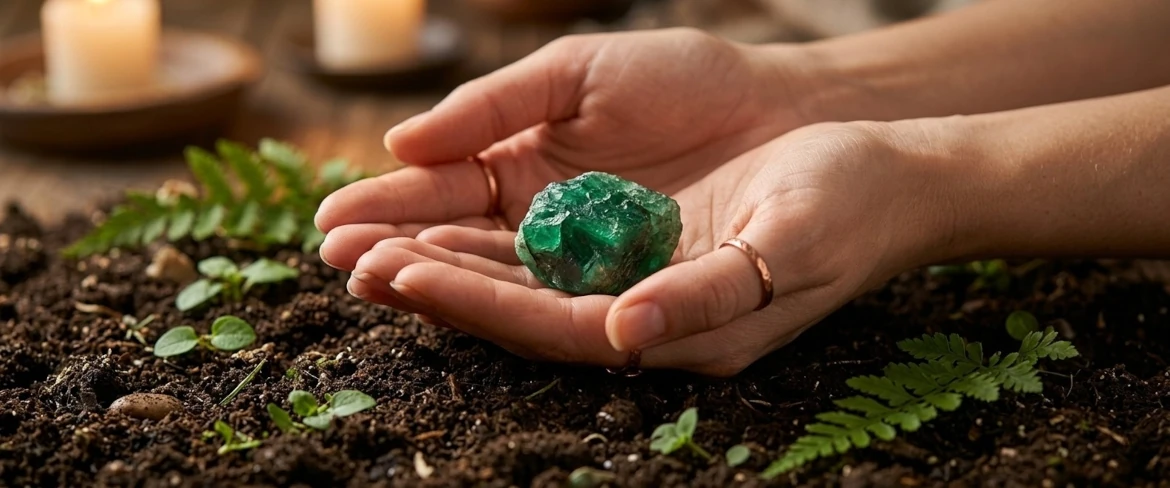 Byk – kamień zodiakalny dla tego znaku trzymany w dłoniach nad ziemią – symbolizujący uziemienie i bliski kontakt z naturą