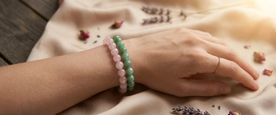 Bransoletka z kamieni dla Byka – na kobiecym nadgarstku dwie eleganckie bransoletki z kwarcu i awenturynu