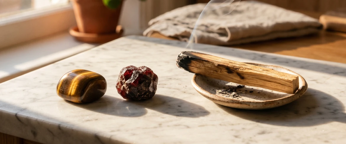 Naturalny granat i tygrysie oko leżące obok tlącego się palo santo – idealnie dopasowane kamieni dla Lwa