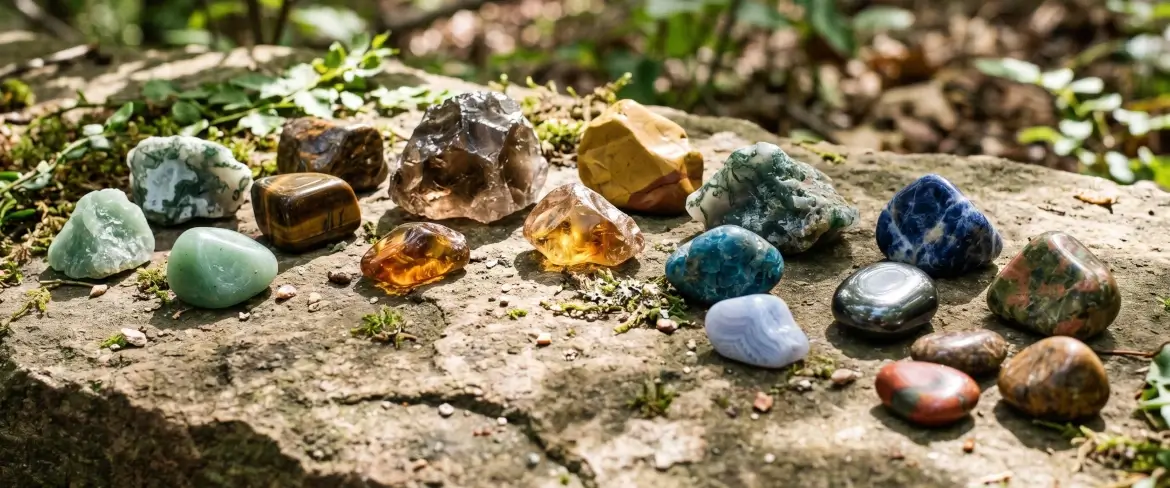 Różnorodne kamienie naturalne dla Panny ułożone na skale