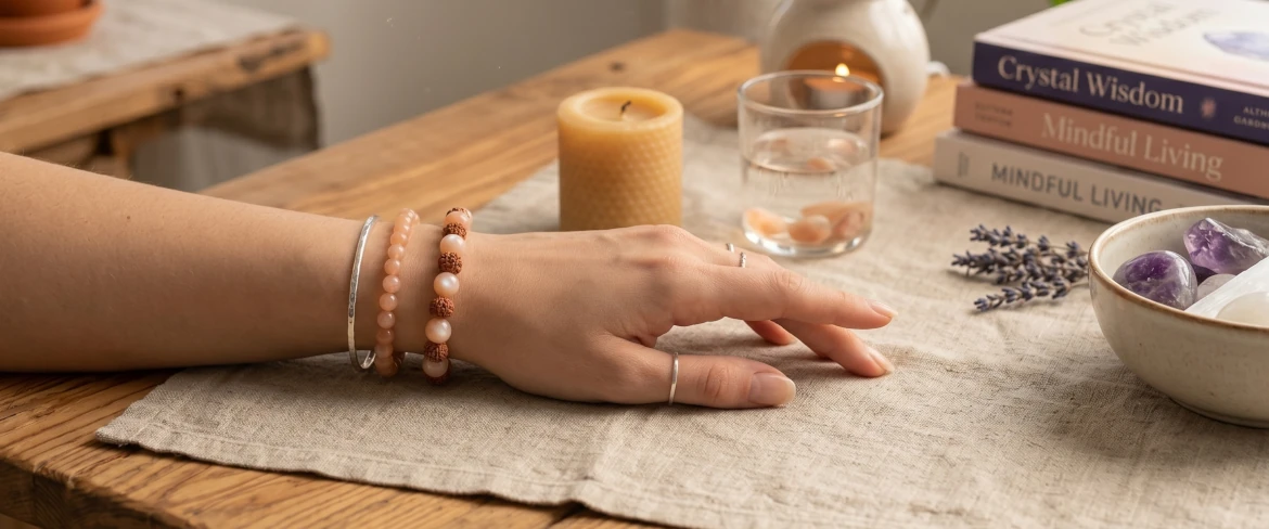 Bransoletka z kamieni dla Raka z rudrakszą i kamieniem księżycowym na kobiecej dłoni w ezoterycznym klimacie