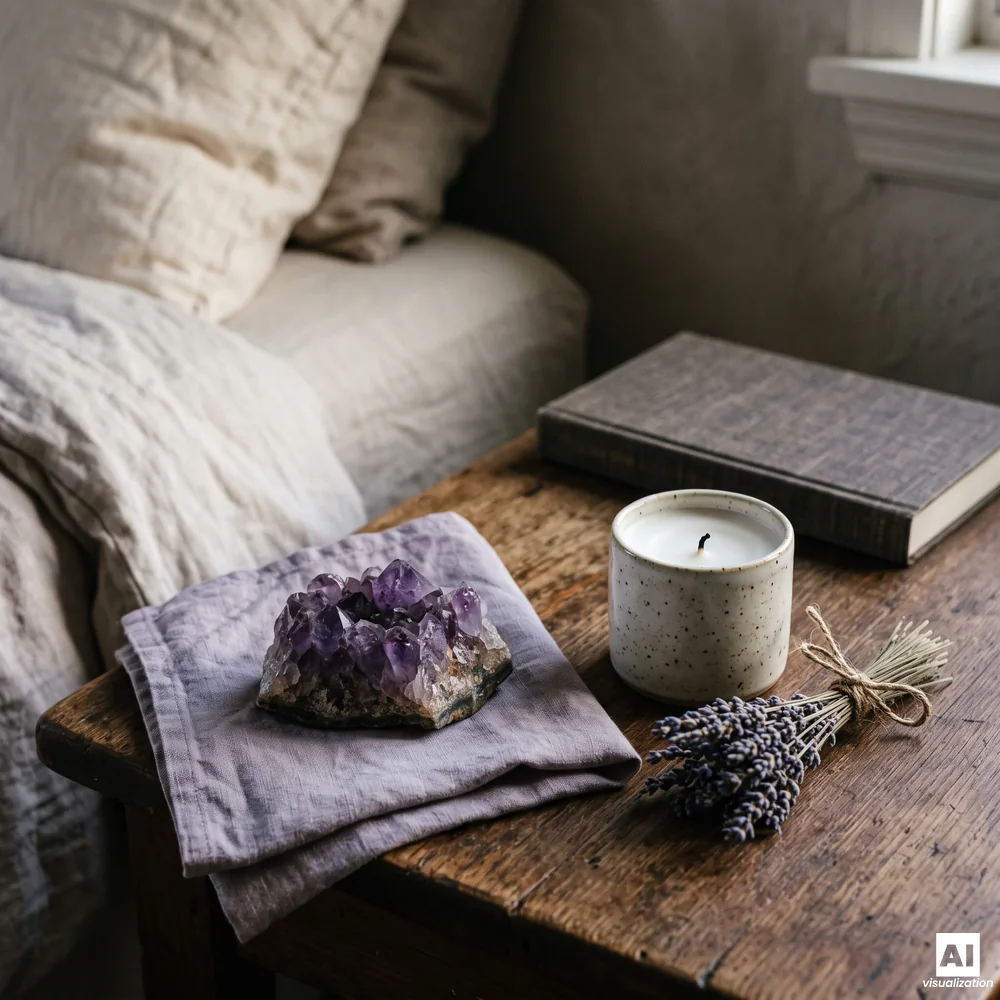 An amethyst cluster on a lilac napkin on a wooden bedside table beside a candle, a book and a bunch of dried lavender.