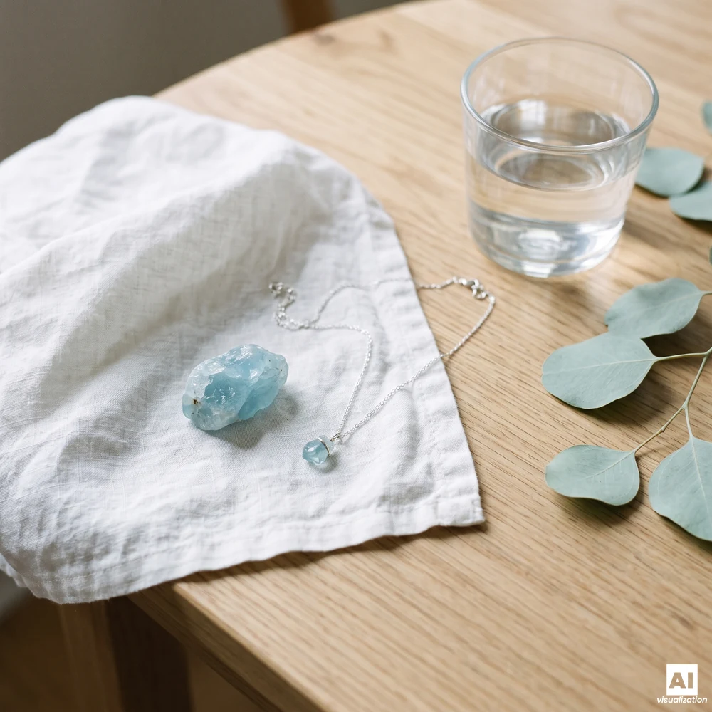 Raw aquamarine and a silver necklace with a pale blue pendant on a linen napkin beside a glass of water and eucalyptus.