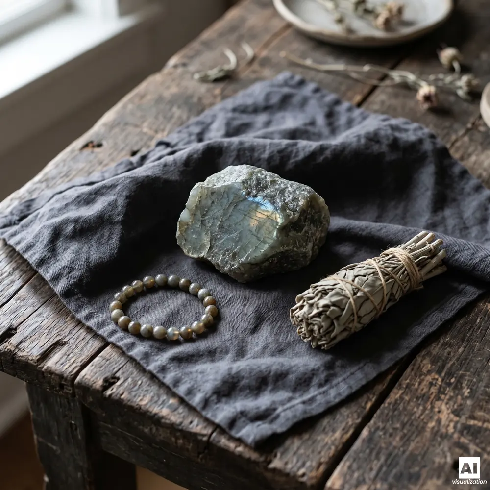 Raw labradorite with a blue sheen, a beaded bracelet and a bundle of white sage on a dark linen napkin on a wooden table.