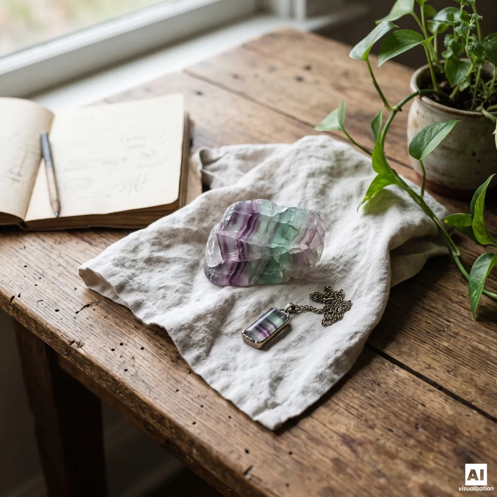 Multicoloured fluorite and a fluorite pendant on a linen napkin on a wooden table beside a notebook and a potted plant.