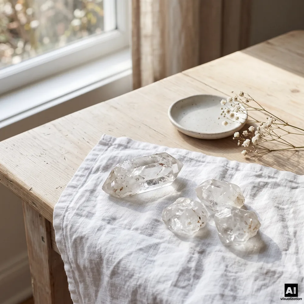 Clear rock crystals on a white linen napkin on a light wooden table beside a small ceramic dish and dried flowers.