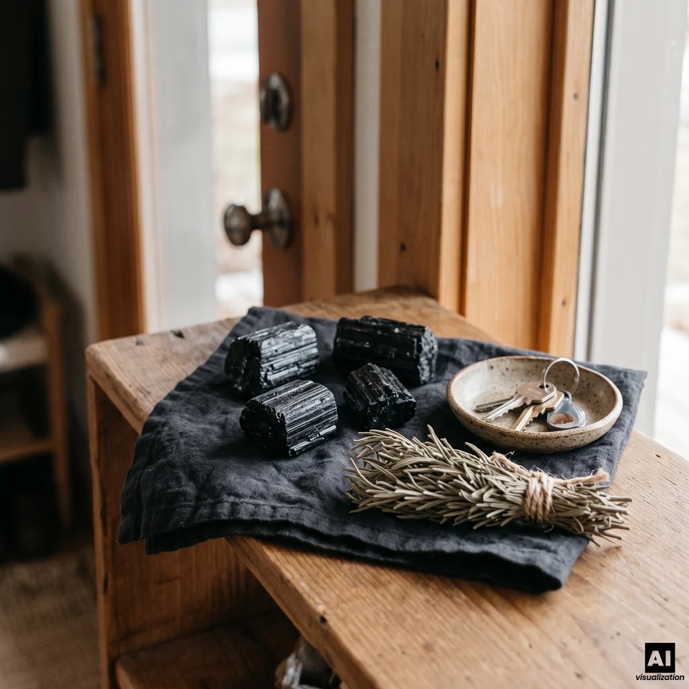 Raw chunks of black tourmaline on a dark linen napkin by the front door, next to a ceramic dish holding house keys.