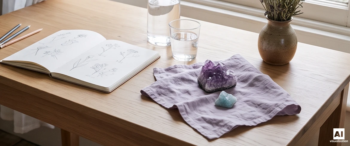 An amethyst cluster and raw aquamarine on a lilac napkin on a wooden desk beside a sketchbook and a water carafe.