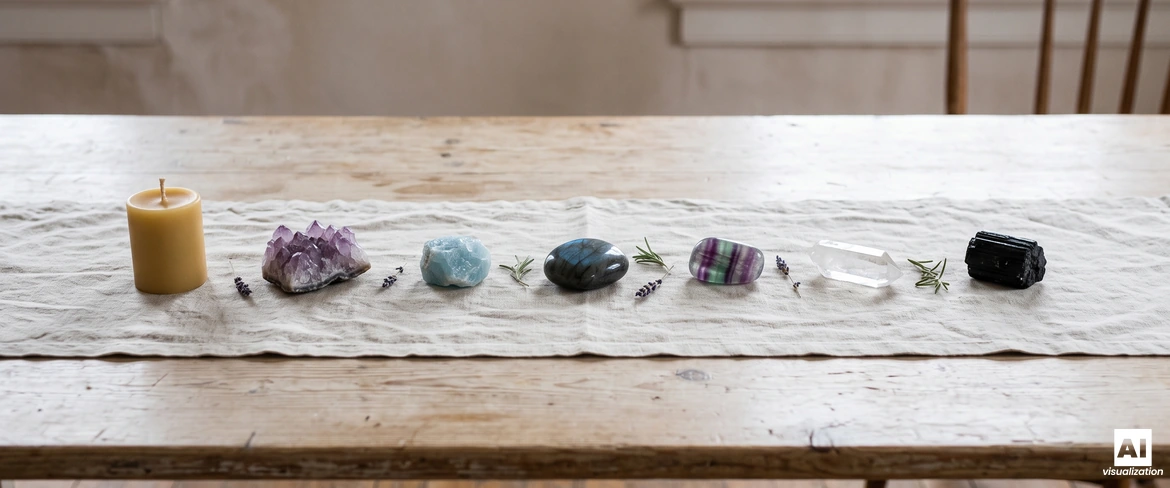 Amethyst, aquamarine, labradorite, fluorite, rock crystal and black tourmaline laid in a row on a linen table runner.