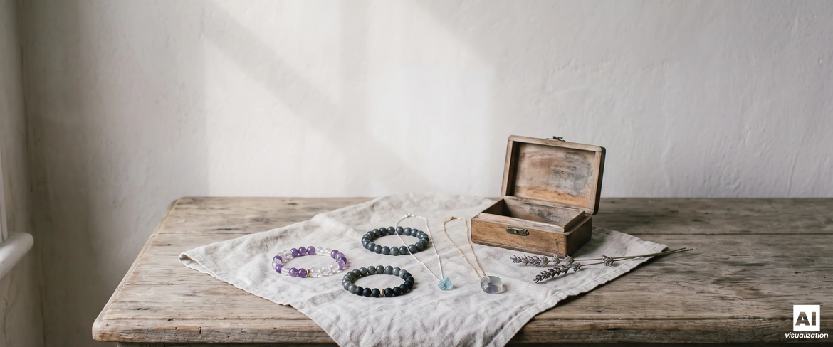 Amethyst and rock crystal bracelets, dark beaded bracelets and two stone pendants beside a small wooden jewellery box.