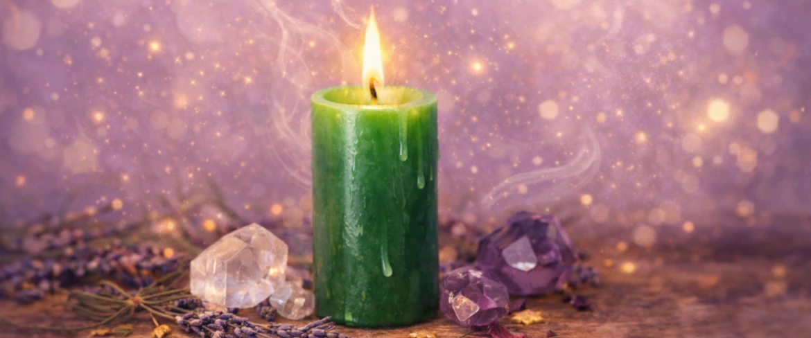 Ritual candle surrounded by crystals – symbolic candle colors and their energy