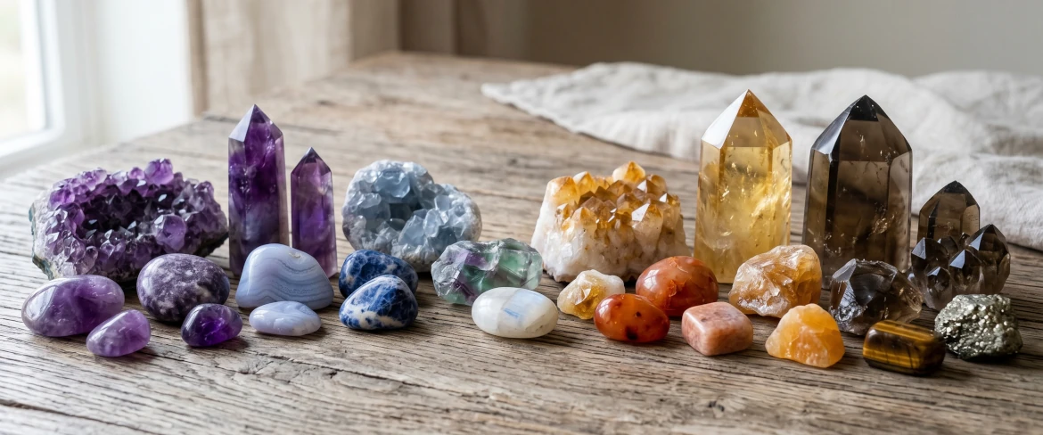 Różne kamienie i minerały – zestaw kryształów o różnych właściwościach i energiach