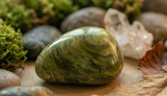 Serpentynit zielony – naturalny kamień równowagi i ochrony, o jedwabistym połysku i zielonych odcieniach.