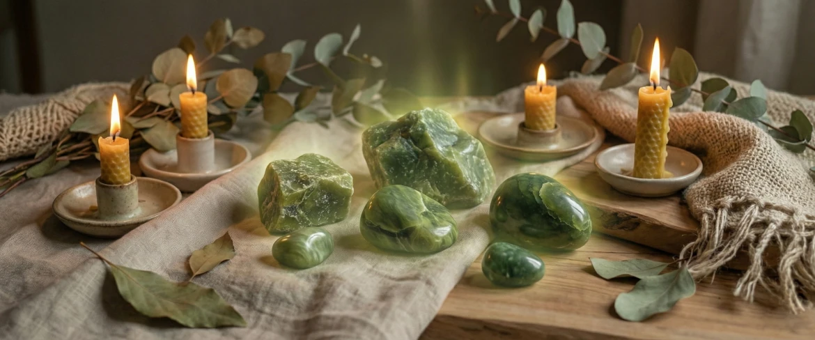 Kamień serpentynit w magicznej aranżacji – symbol transformacji, oczyszczenia i równowagi emocjonalnej