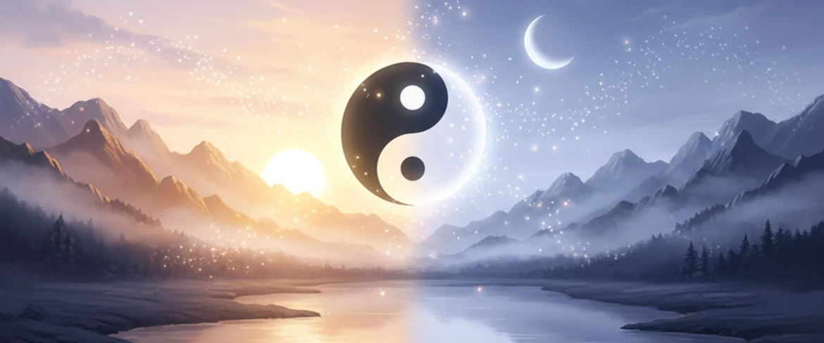 Symbol Yin Yang nad krajobrazem nocy i dnia – filozofia Wschodu i naturalna równowaga energii