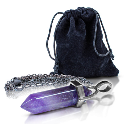 Pendant with amethyst in pouch + chain