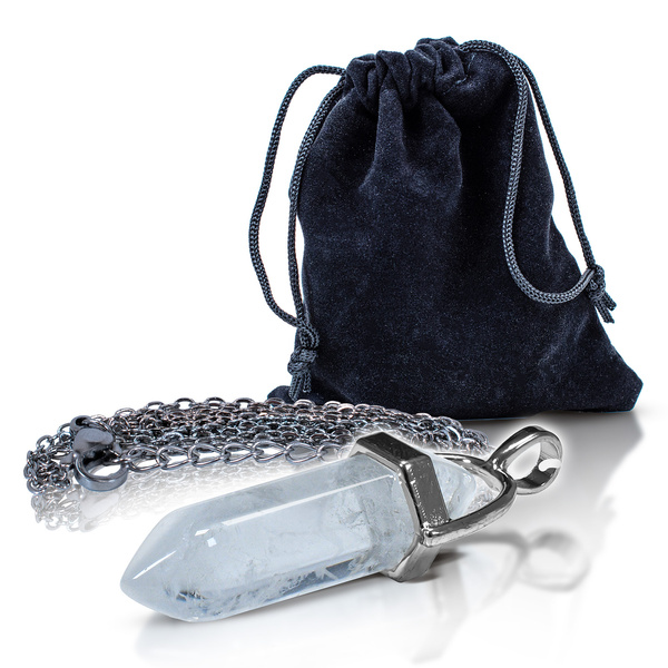 Pendant with rock crystal in pouch + chain