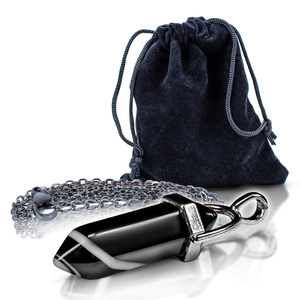 Pendant with black agate in pouch + chain