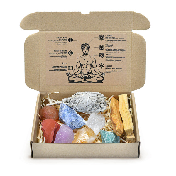 Geschenkset mit Natursteinen und Kristallen – Esoterik, Yoga, Meditation, 7-teilig.  Weihrauch