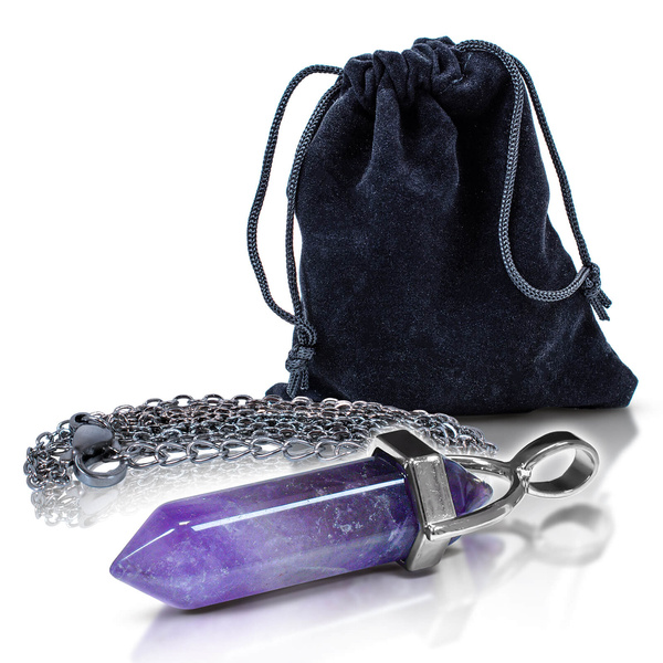 Pendant with amethyst in pouch + chain