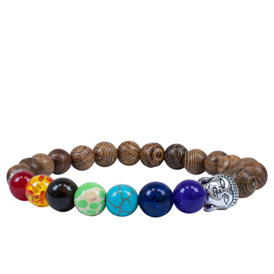 Armband „Die sieben Chakren“ – Wenge-Holz und Buddha
