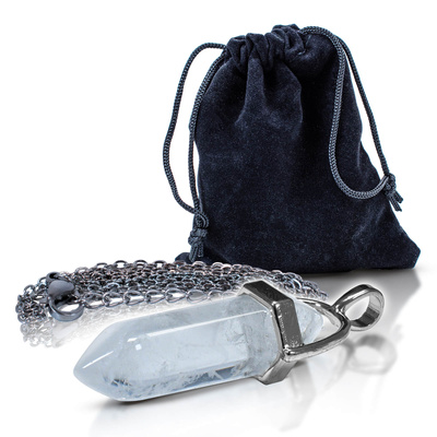 Pendant with rock crystal in pouch + chain