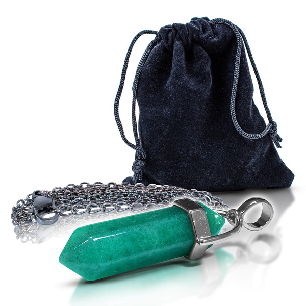 Pendant with aventurine in pouch + chain