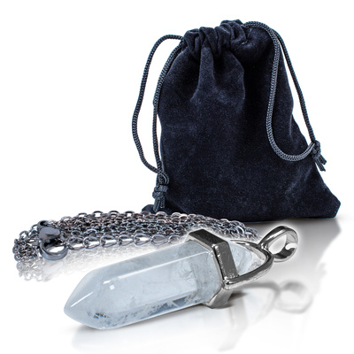 Pendant with rock crystal in pouch + chain