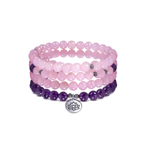 Armband „Mala“ mit Amethyst und Rosenquarz – Lotusblüte