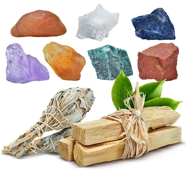 Set of natural stones, crystals and incenses - esotericism, yoga, meditation
