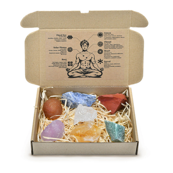 Geschenkset mit Natursteinen und Kristallen – Esoterik, Yoga, Meditation, 7-teilig. 
