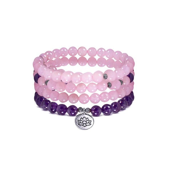 Armband „Mala“ mit Amethyst und Rosenquarz – Lotusblüte