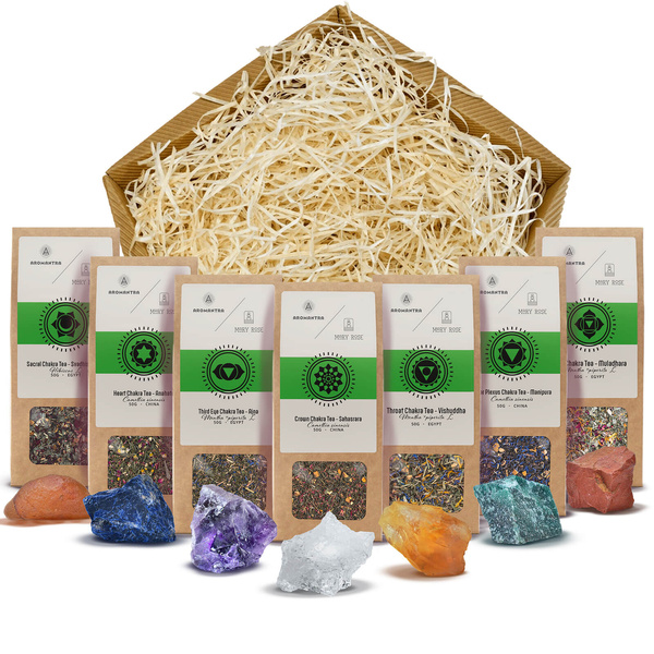 Esoterik-Set: 7 Chakra-Tees + 7 Steine – Geschenkset