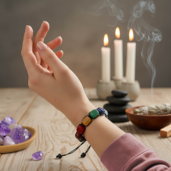 Armband „Die sieben Chakren“ – an einem Lederband