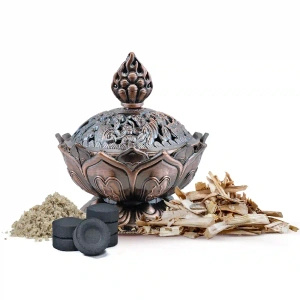 Set mit Premium-Palo-Santo-Spänen, Räuchergefäß mit Griff und Räucherkohle